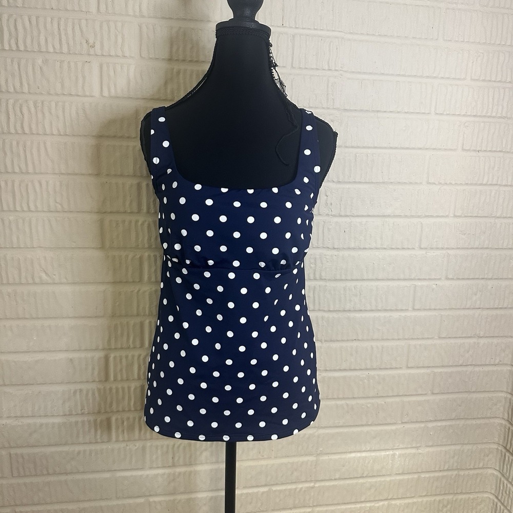 Lands End Womens Polka Dot Tankini Top Size 10 Swim Resort Beach Navy Blue Wired